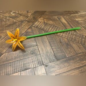 Flower Art Glass Hand Blown Murano Style 20" Orange Flower And Stem Tiger Lily